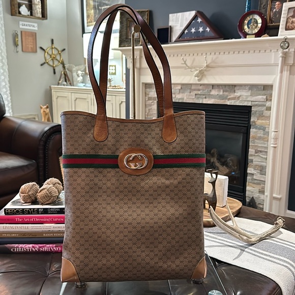 🔥🔥 Authentic Gucci Web Sherry Line Monogram Micro GG Large Leather Tote Bag 🔥🔥 - Picture 2 of 16